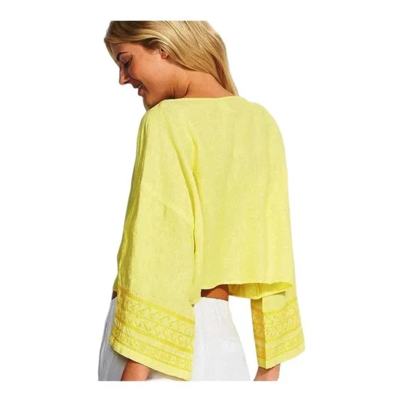 Seafolly Large Bright Folk Lime Light Long Sleeve Boat Neck Linen Crop Top NWT - Picture 2 of 11